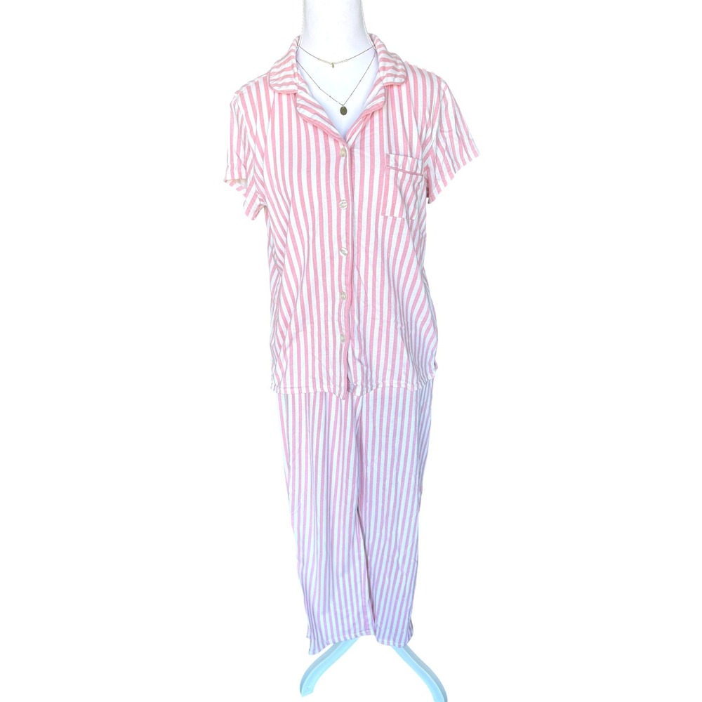 Laura Ashley Pink Striped Pajama Set Short Sleeve Top Long Pants Medium